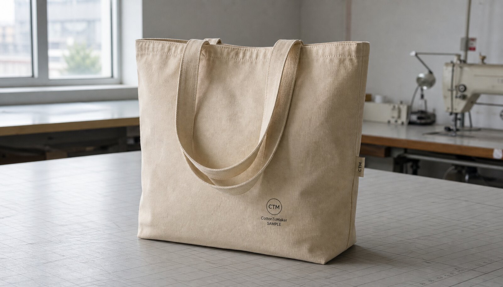 Natural canvas tote bag with a simple CTM CottonToMaker sample logo in a clean studio setting