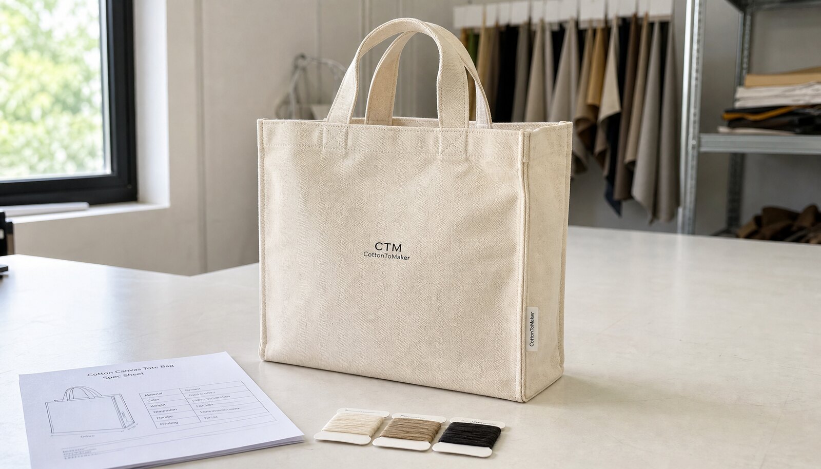 Canvas tote bag with a small CTM/CottonToMaker logo in a factory sample room.