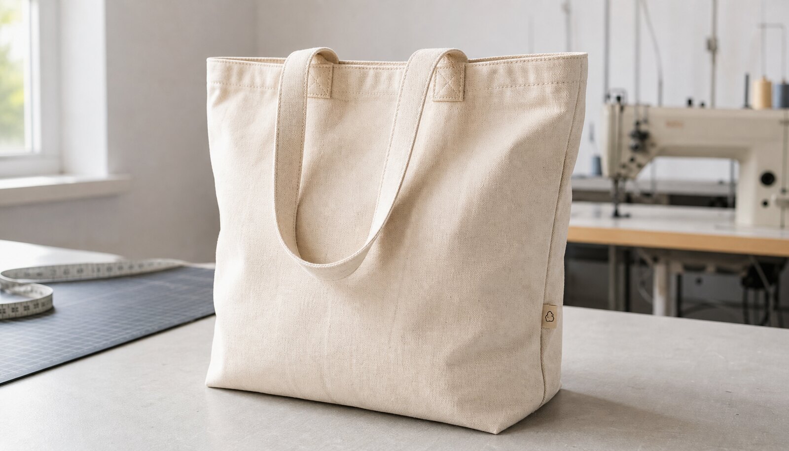 Cream canvas retail tote bag with a CTM sample label in a factory sample room
