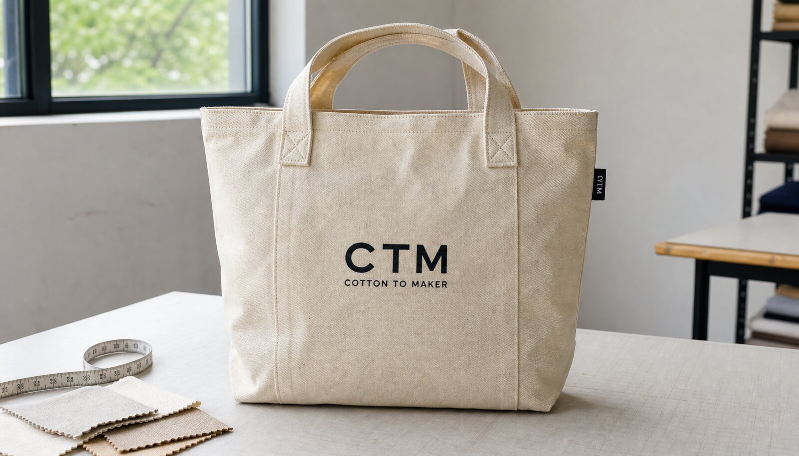 Natural canvas tote bag with a small CTM/CottonToMaker logo in a factory sample room.