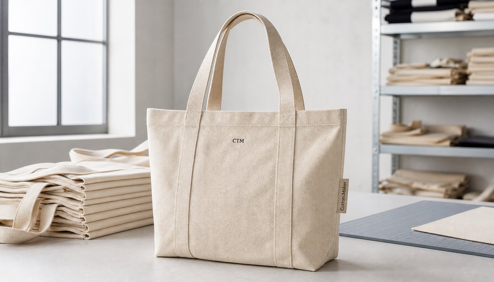 Natural canvas tote bag with a simple CTM CottonToMaker logo printed on the front in a clean factory sample room