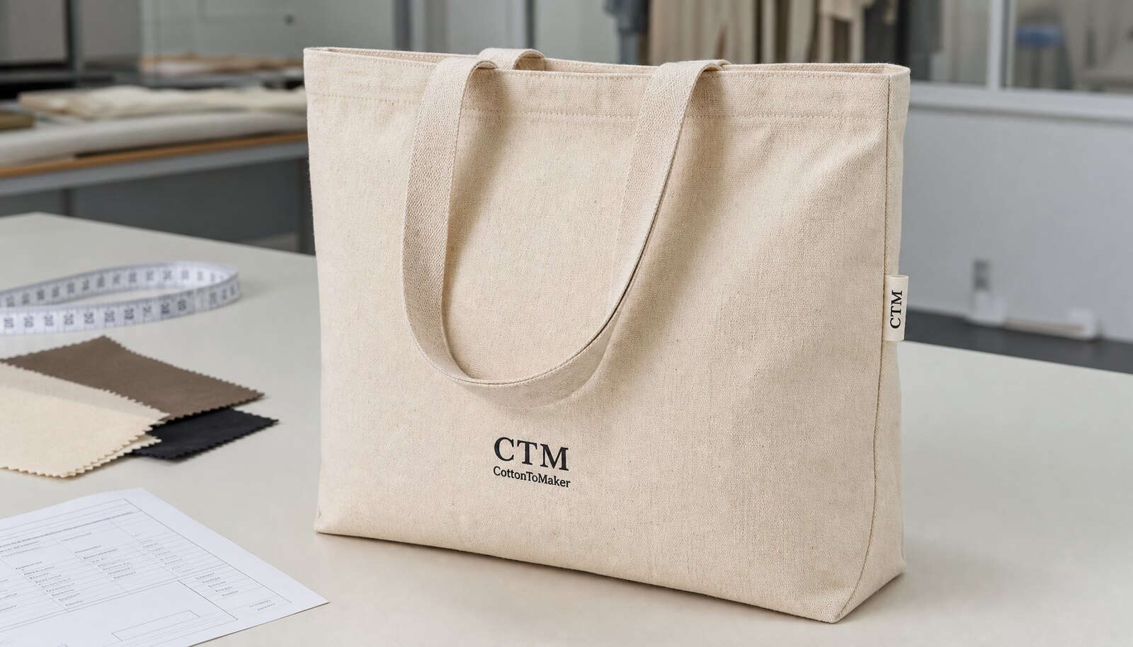 Photorealistic canvas retail merchandise bag with a small CottonToMaker sample logo in a clean factory sample room.