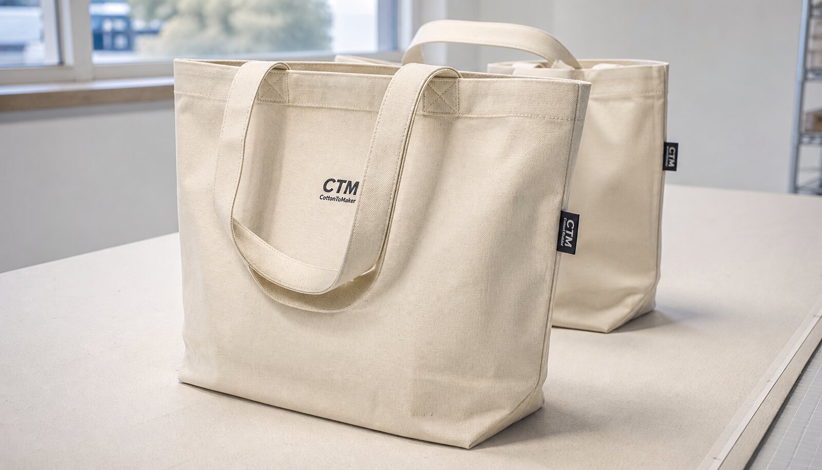 Natural canvas retail merchandise tote bag with a CTM woven side label in a clean factory sample room