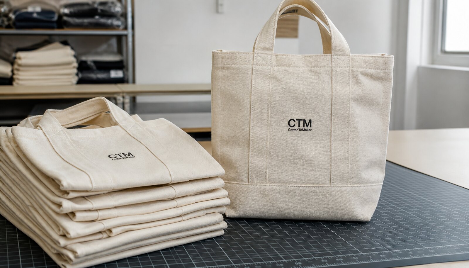 Natural canvas retail merchandise bag with a small CTM CottonToMaker logo printed on the front in a factory sample room