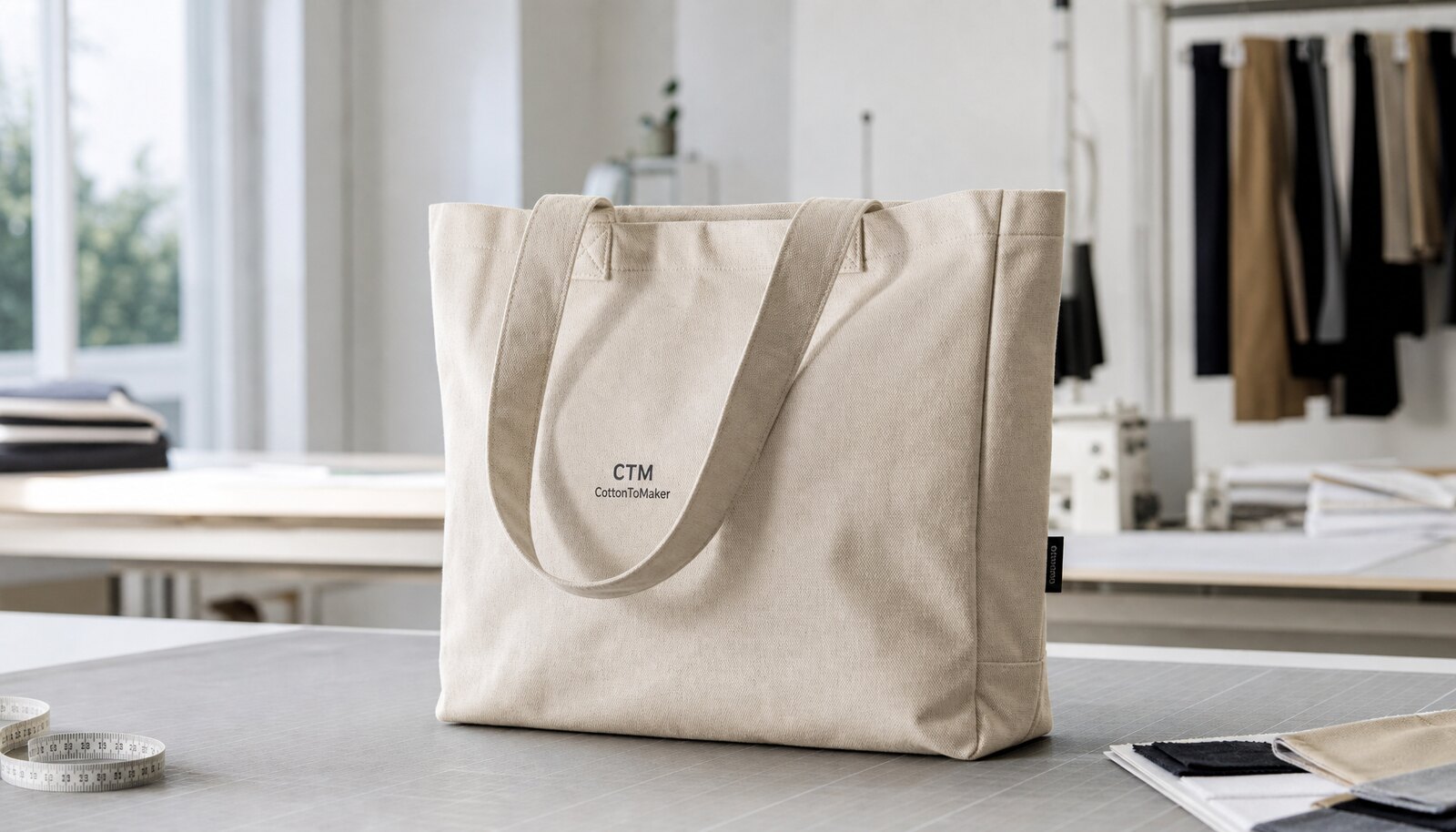 Photorealistic canvas merchandise tote bag with a simple CTM logo printed on the bag in a factory sample room