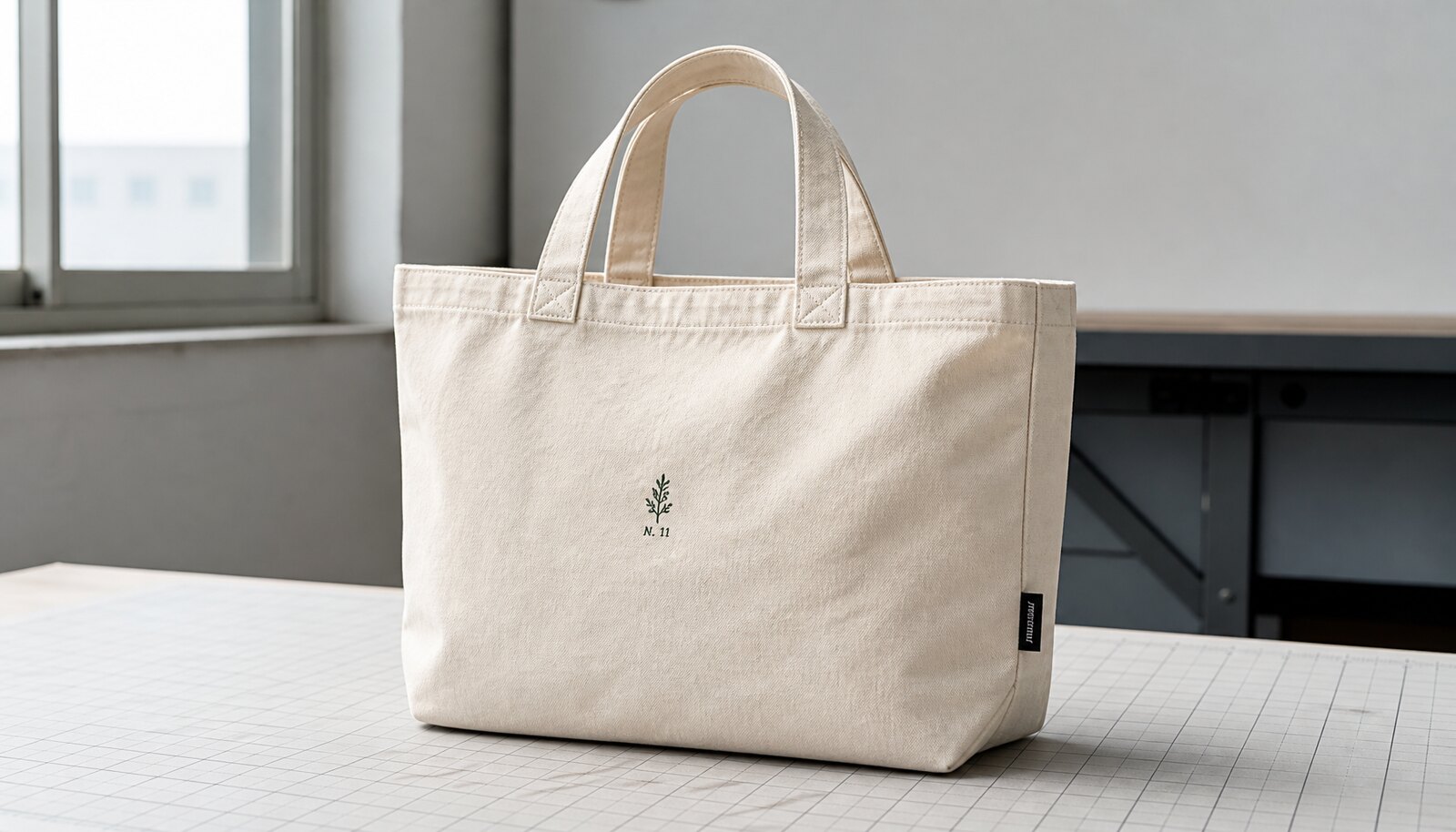 Photorealistic natural canvas tote with CTM sample logo in a factory sample room