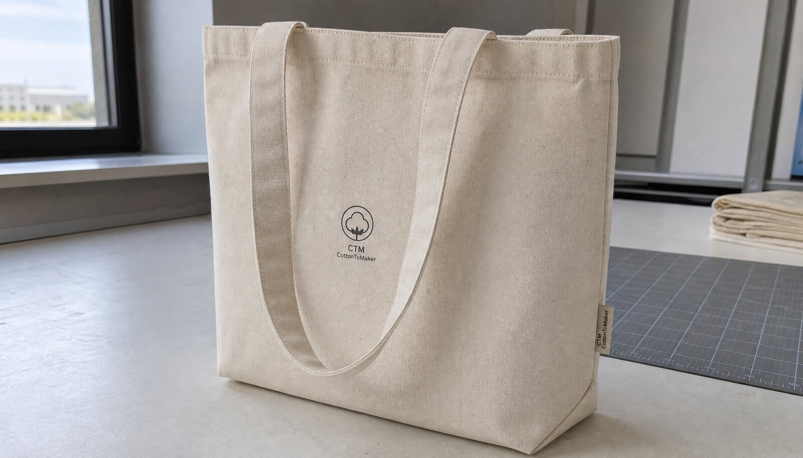 Canvas tote bag sample with CTM side label in a factory sample room