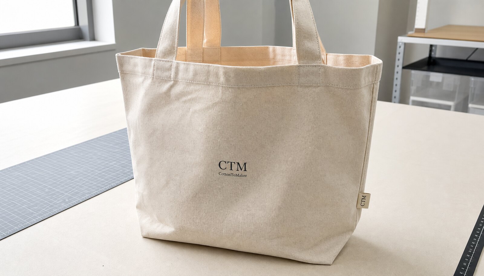 Natural canvas tote bag with a simple CTM / CottonToMaker logo print and side label in a factory sample room