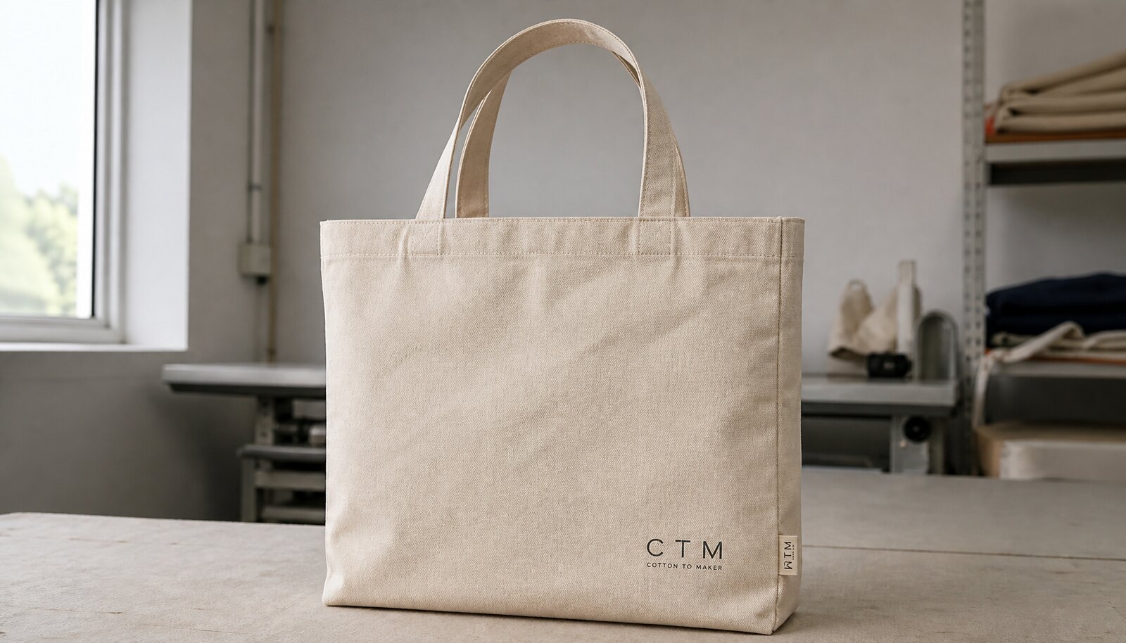 Natural canvas retail merchandise bag with a small CTM CottonToMaker logo in a factory sample room