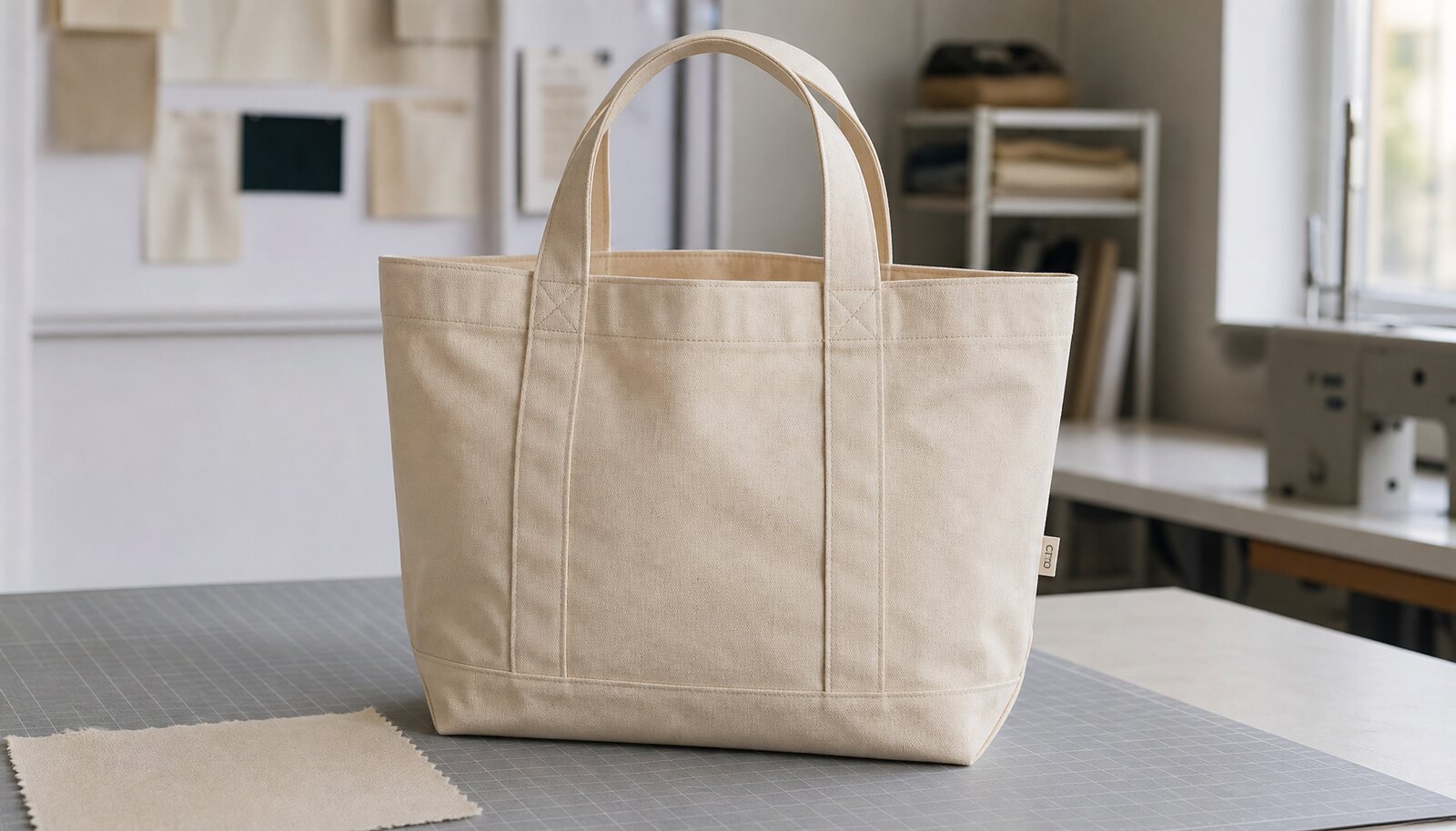 Natural canvas retail merchandise tote bag with a simple CTM/CottonToMaker logo in a clean studio setting