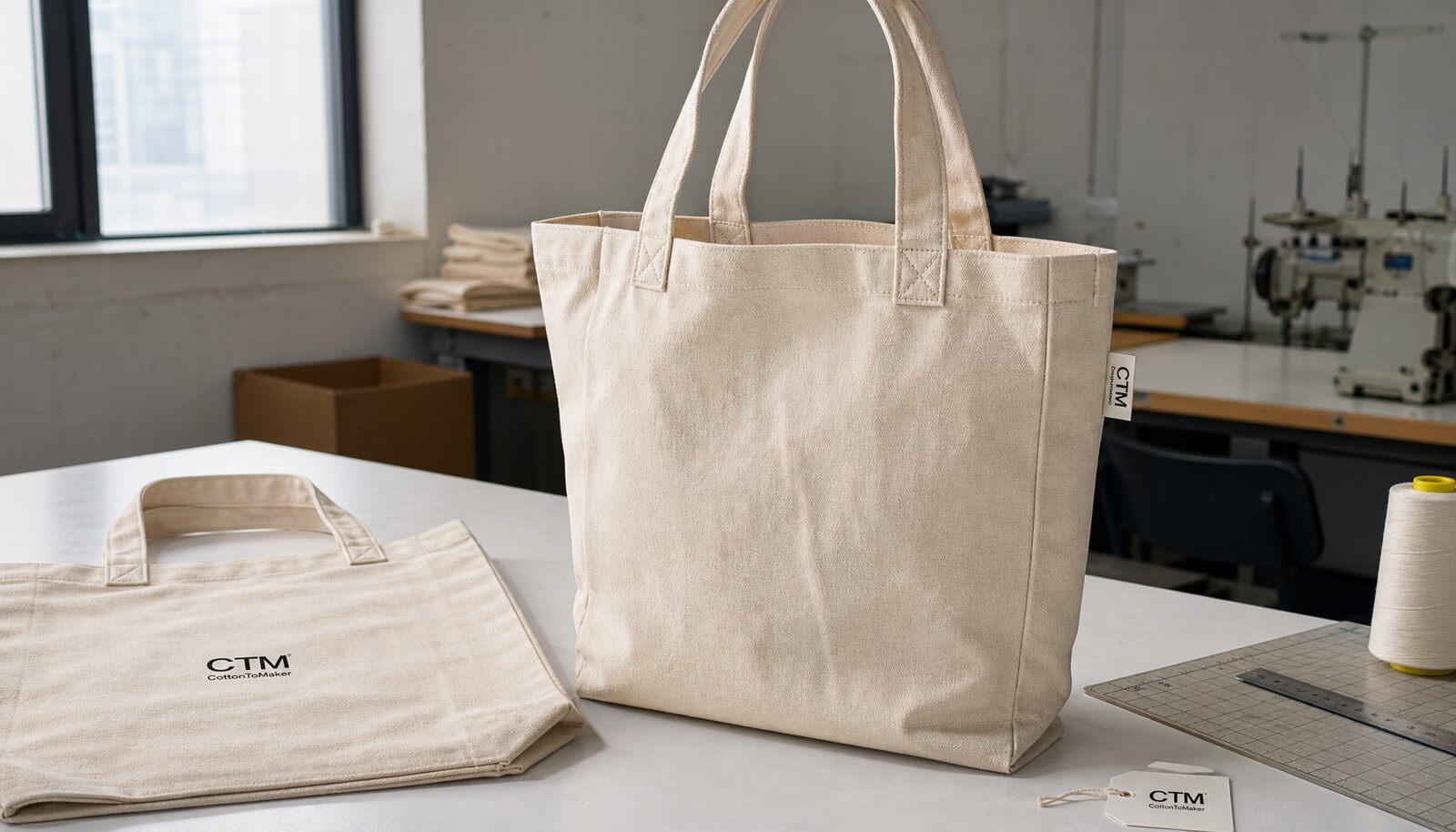Natural canvas hotel retail tote bag with a small CTM sample logo on the bag and side label in a clean sample room