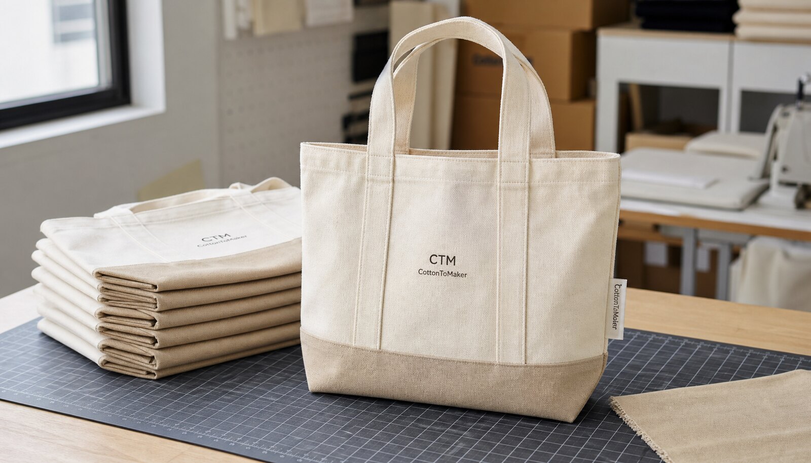 Photorealistic canvas museum retail tote bag with a small CTM sample logo and visible stitched side label in a clean sample room
