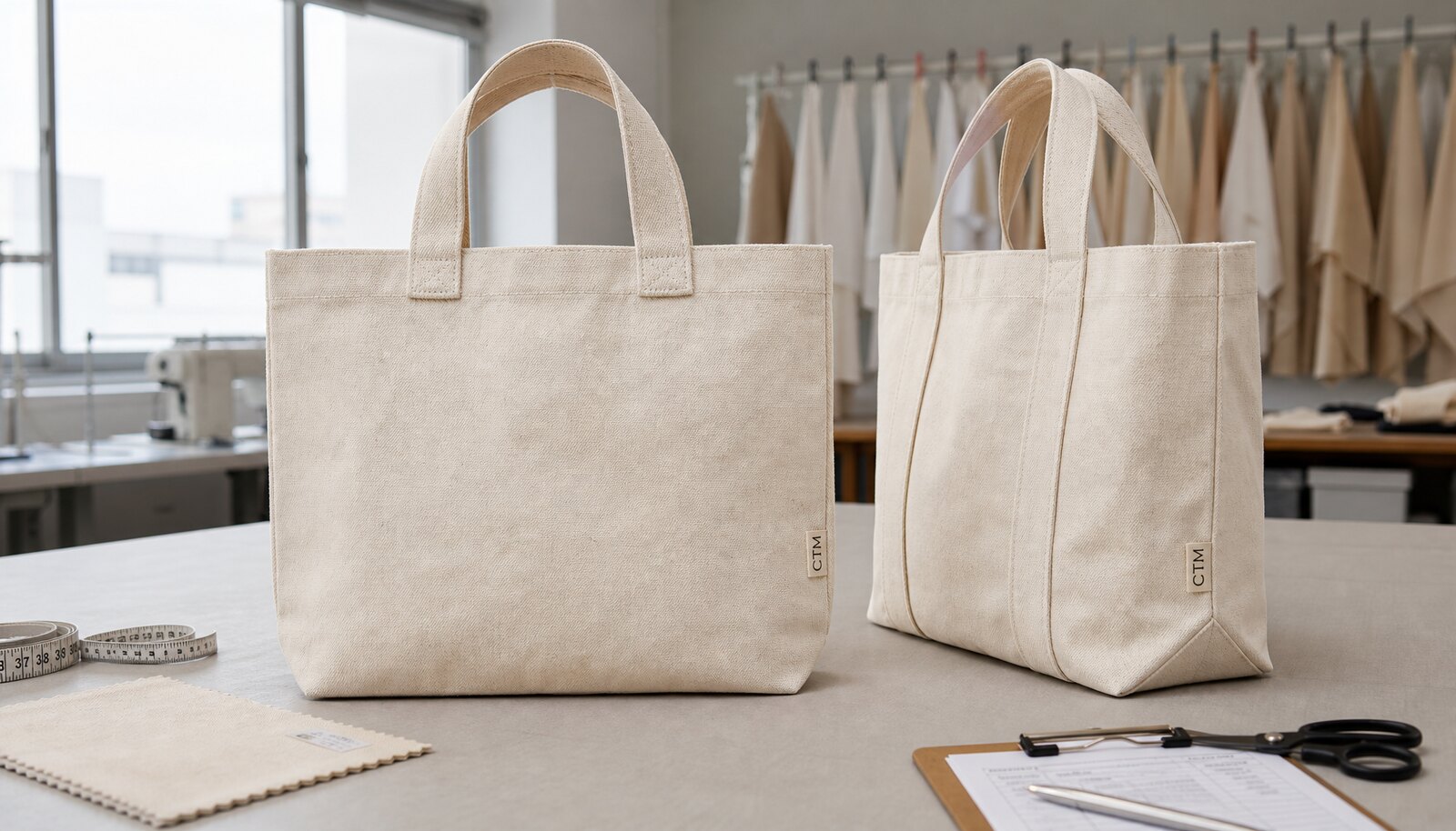 Canvas museum retail tote bag sample with a simple CTM logo label in a factory sample room.