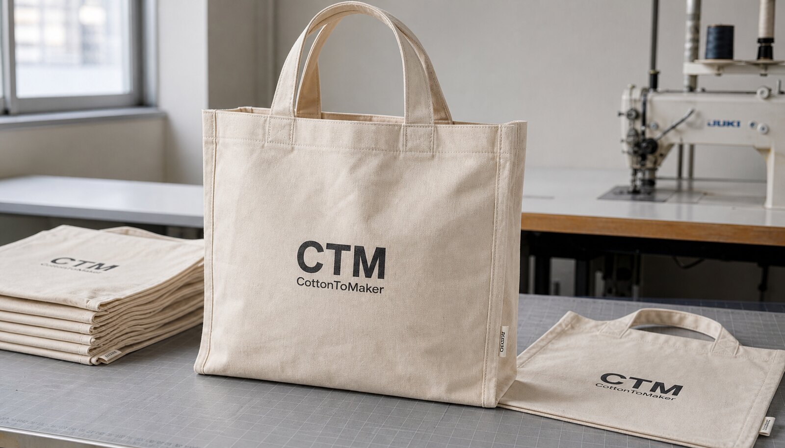 Natural canvas retail merchandise bag with a simple CTM/CottonToMaker logo printed on the front in a clean factory sample room.