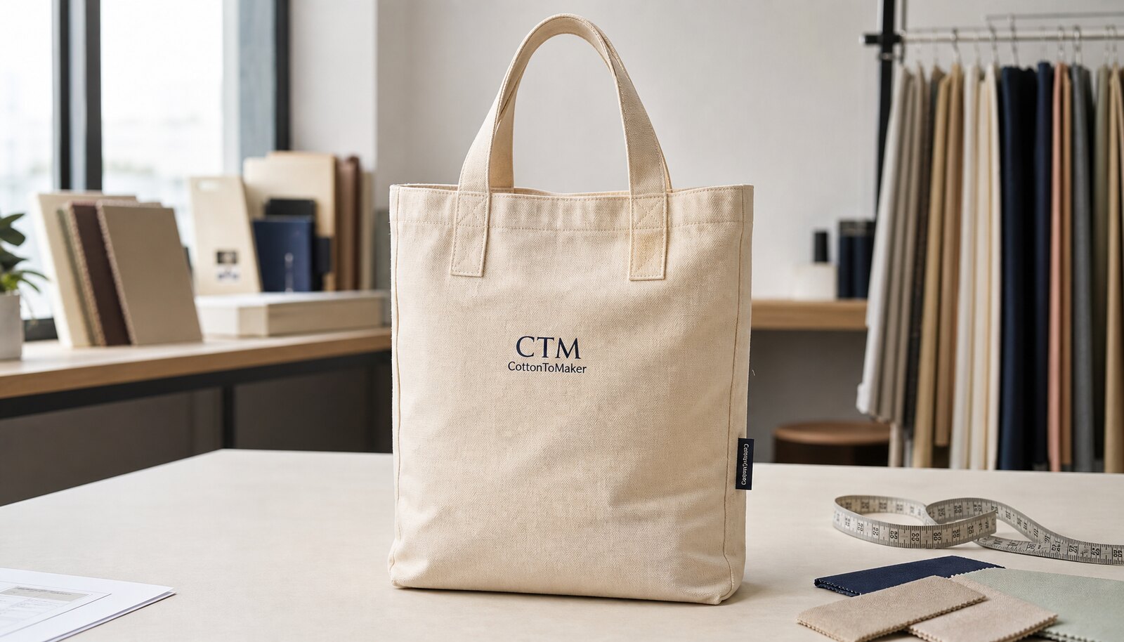 Canvas tote sample with a simple CTM/CottonToMaker logo printed on the front in a clean factory sample room