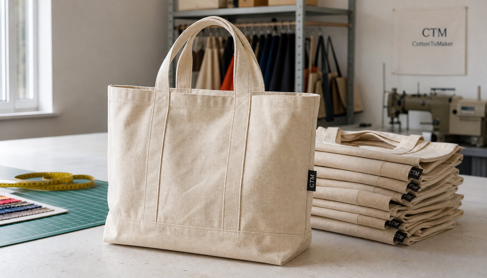 Canvas retail merchandise tote bag with a CottonToMaker sample logo in a factory sample room