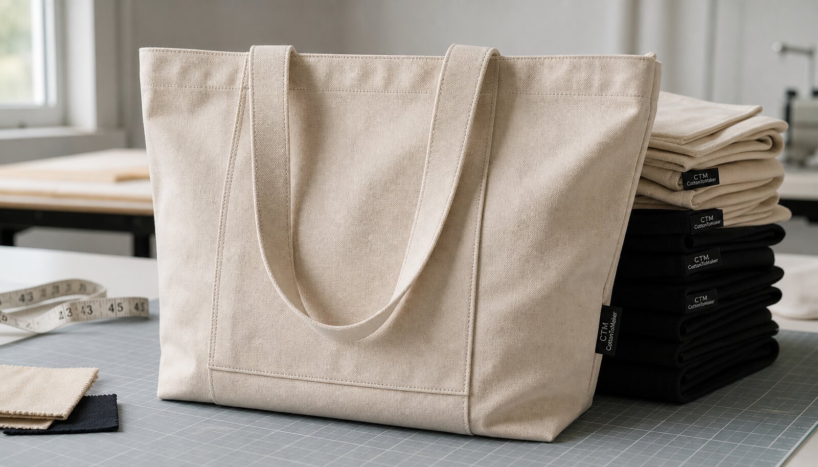 Photorealistic canvas retail merchandise bag in a factory sample room with a CTM/CottonToMaker side label