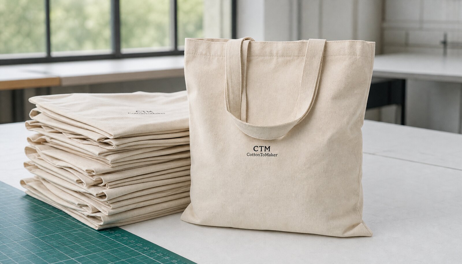 Canvas retail merchandise bags with a simple CTM/CottonToMaker logo printed on one bag in a factory sample room