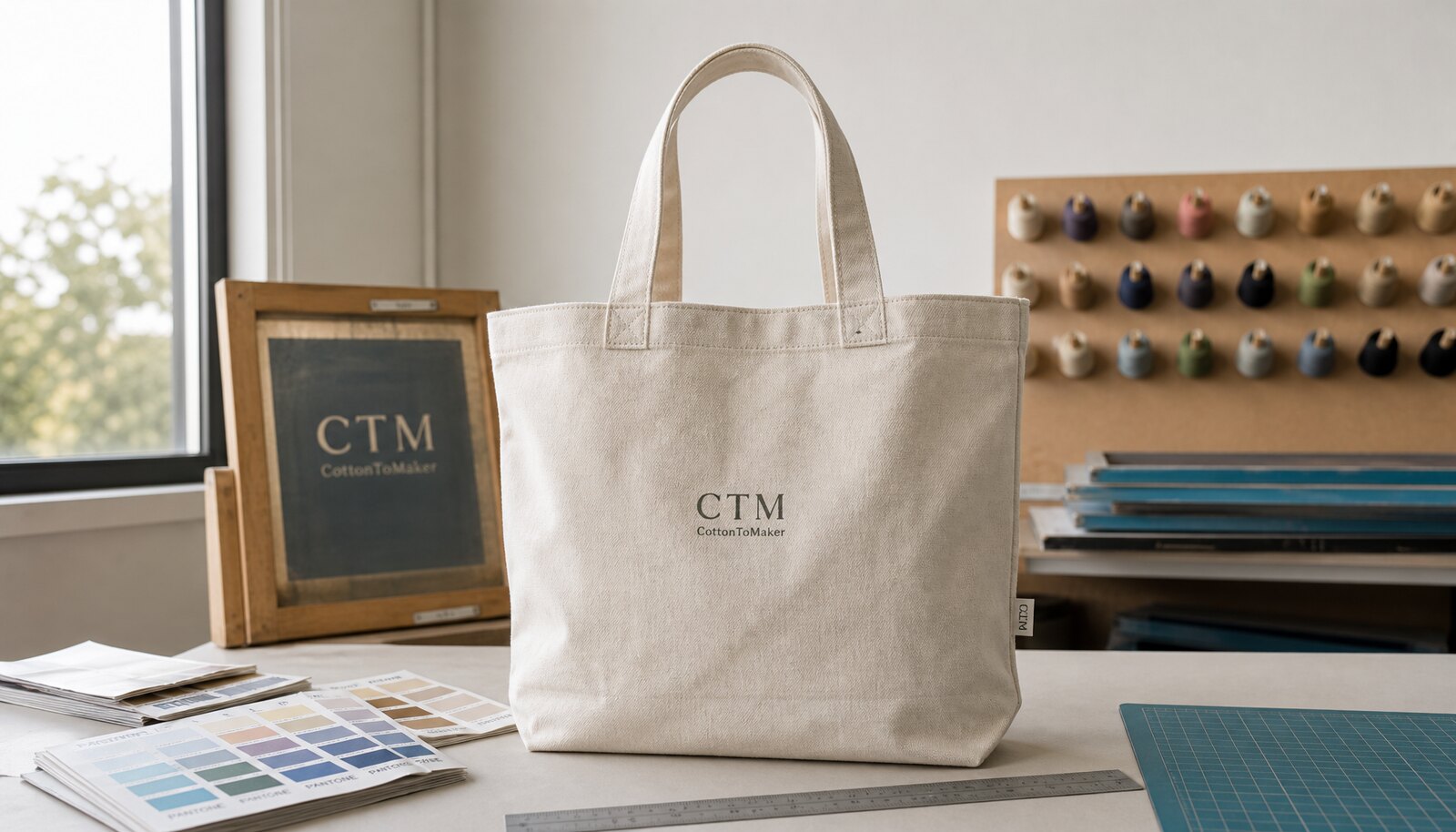 A natural canvas tote bag with a simple CTM/CottonToMaker sample logo printed on it in a factory sample room.