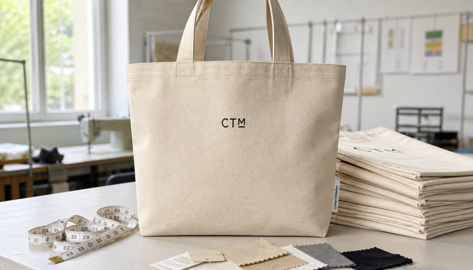 Natural canvas retail merchandise tote bag with CTM side label in a factory sample room