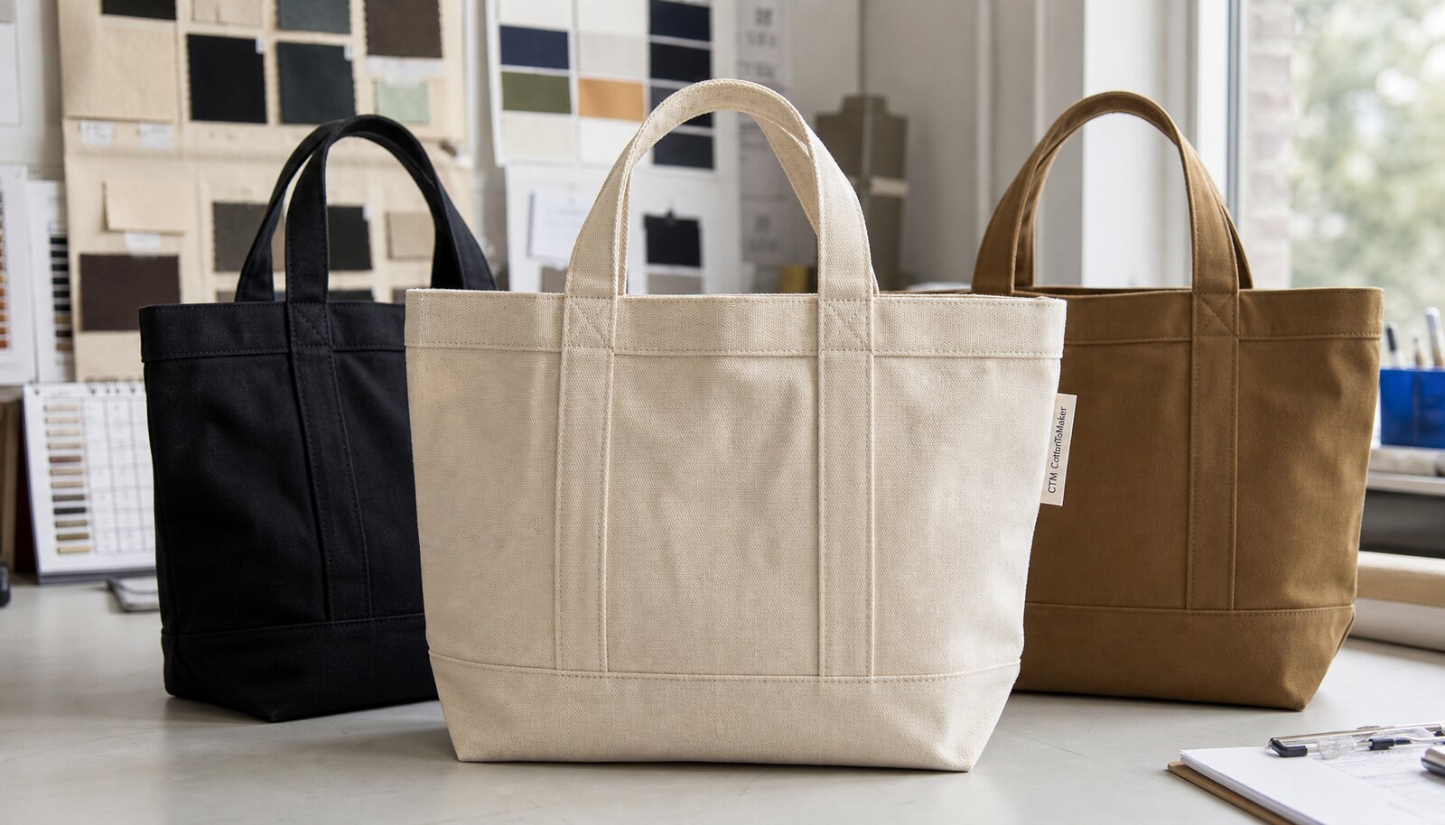 Photorealistic canvas tote bags with a small CTM side label in a factory sample room