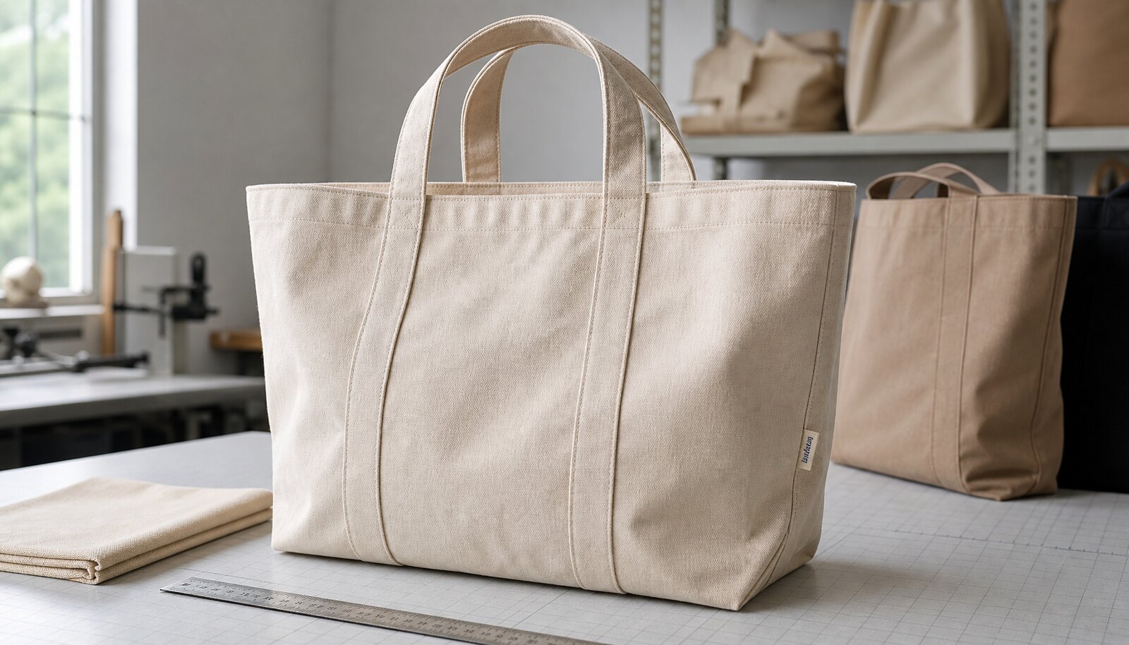 Photorealistic canvas merchandise bags with a small CTM side label in a factory sample room.
