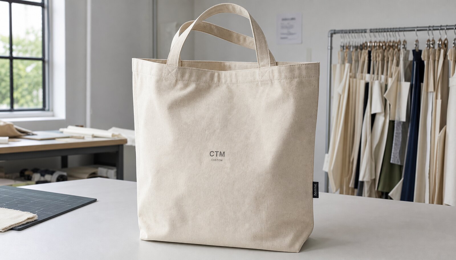 Natural canvas retail merchandise tote bag with a simple CTM logo printed directly on the bag in a clean factory sample room