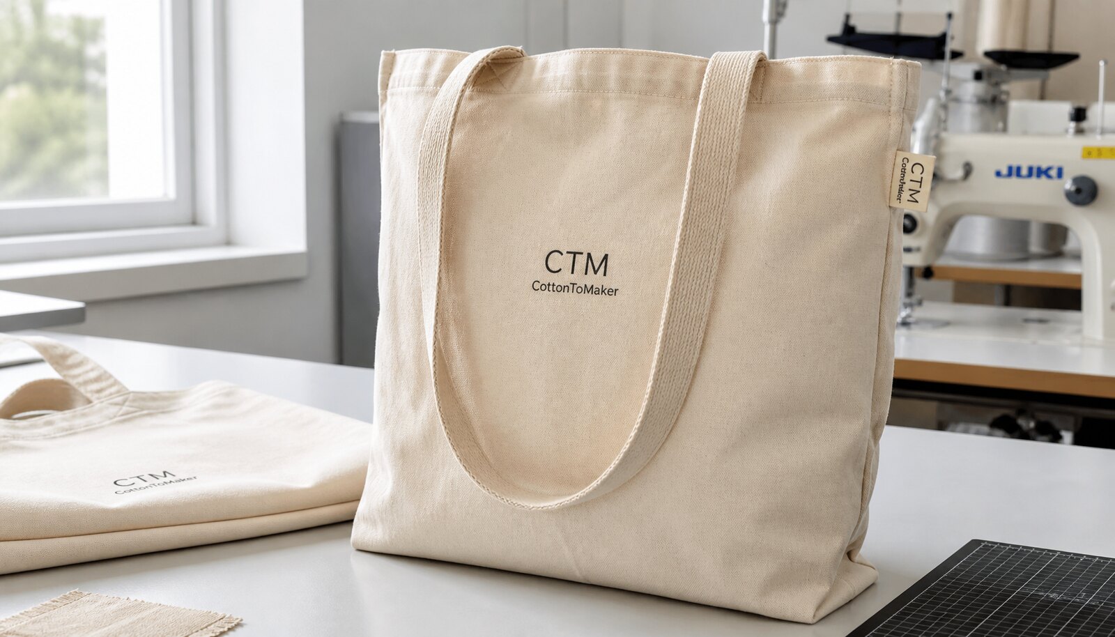Photorealistic canvas tote bag with a CTM sample logo in a clean factory sample room.