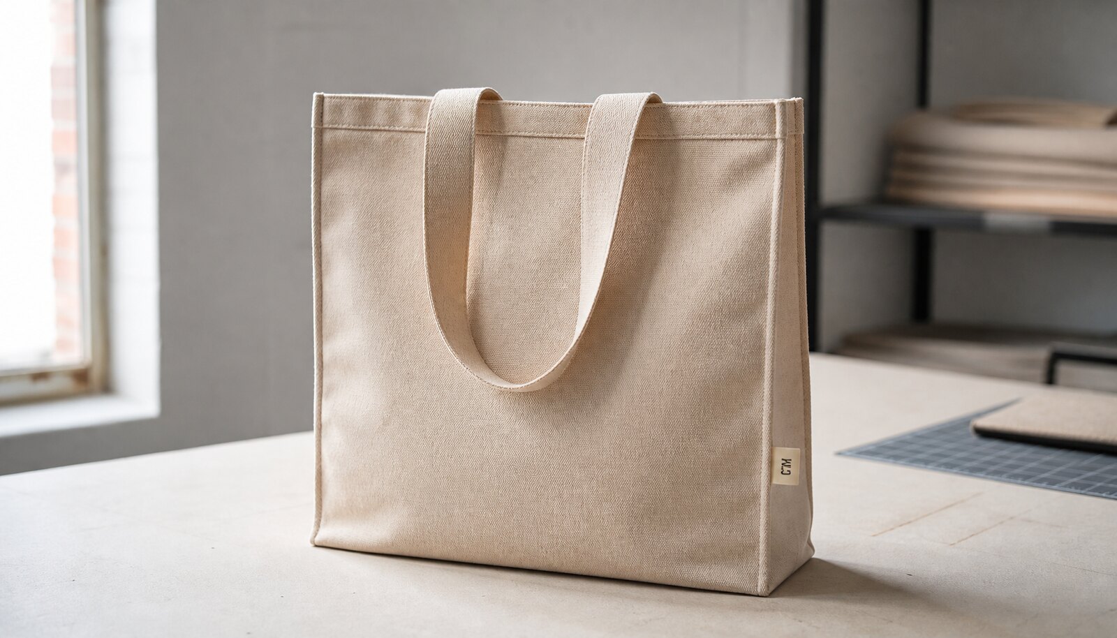 Natural canvas winery merchandise tote with a small CTM woven side label in a clean sample room.