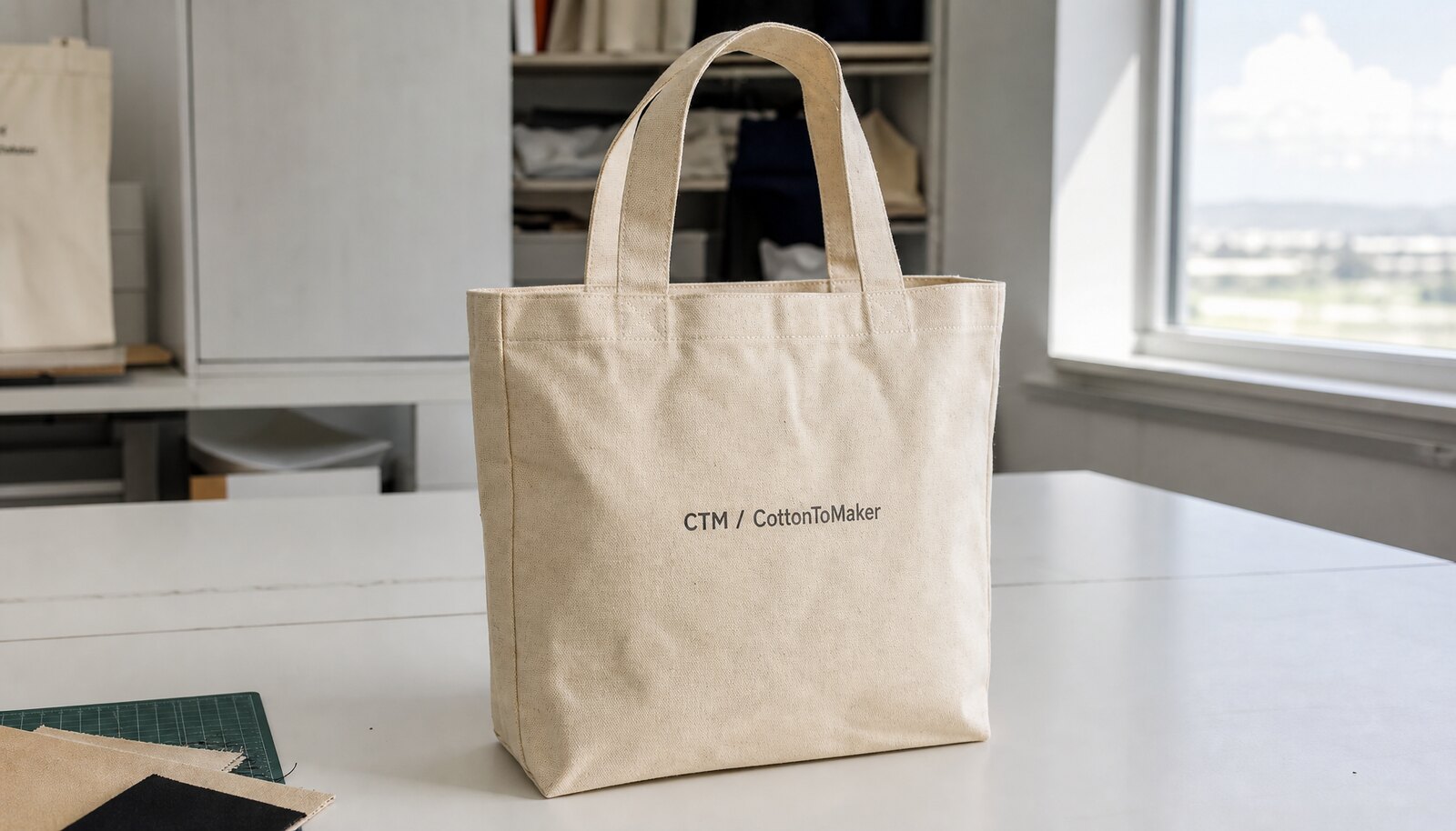 Photorealistic canvas tote bag with a simple CTM sample logo in a factory sample room