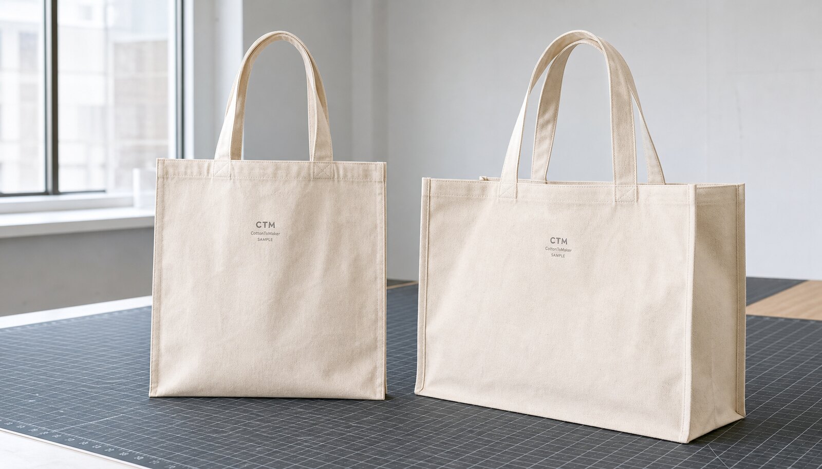 Photorealistic canvas retail merchandise bags for wineries with a simple CTM sample logo printed on the bag in a factory sample room