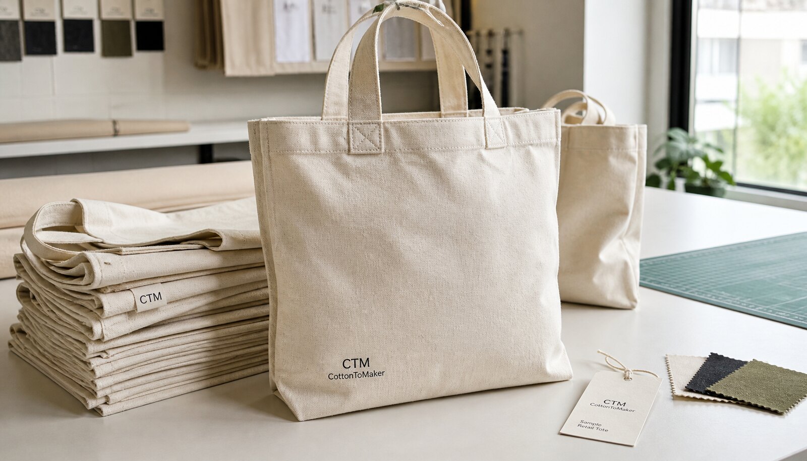 Natural canvas retail merchandise tote bag with a small CTM logo printed directly on the front in a clean factory sample room