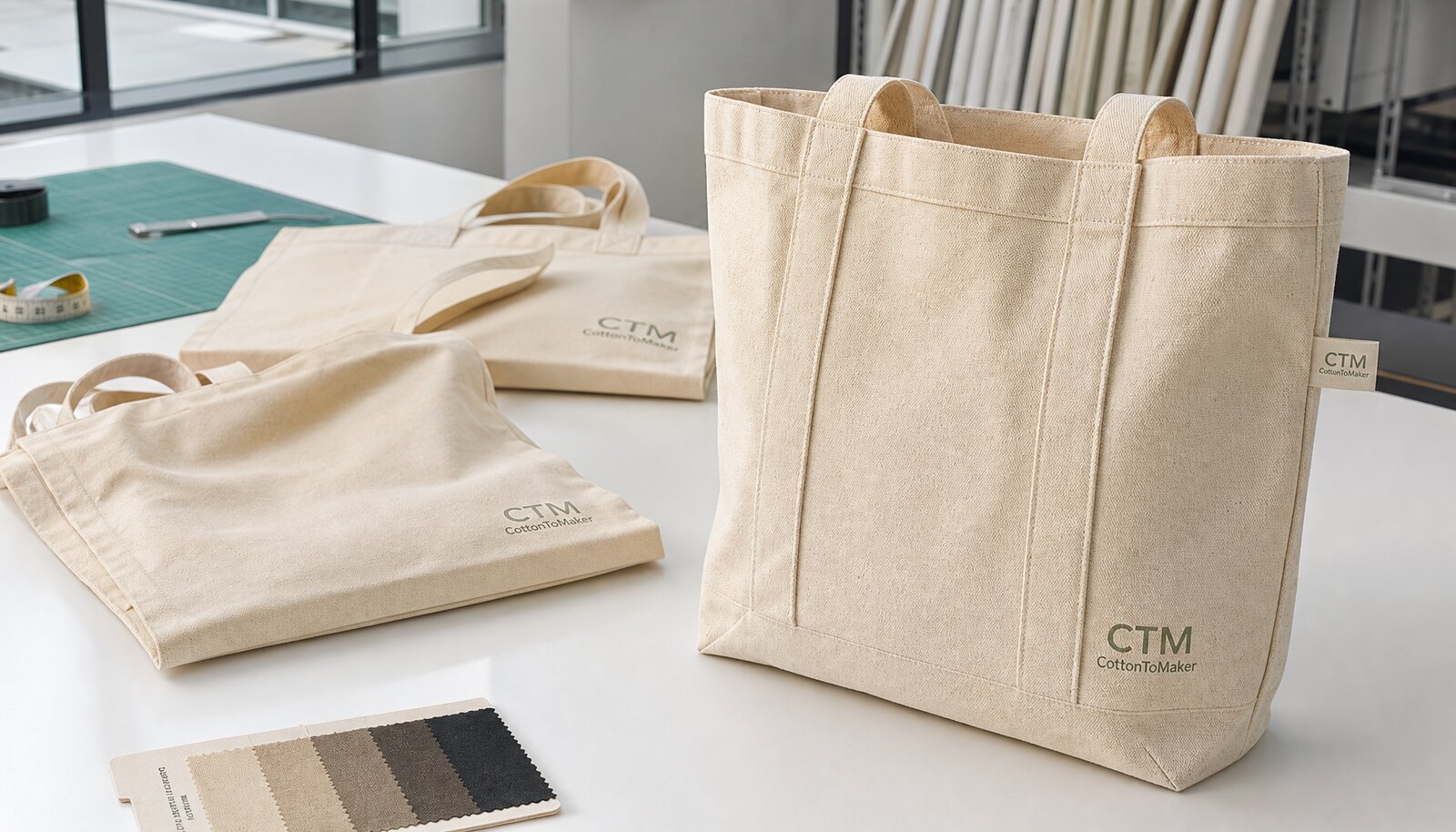 Canvas retail merchandise bags with a CTM side label in a factory sample room for quality inspection