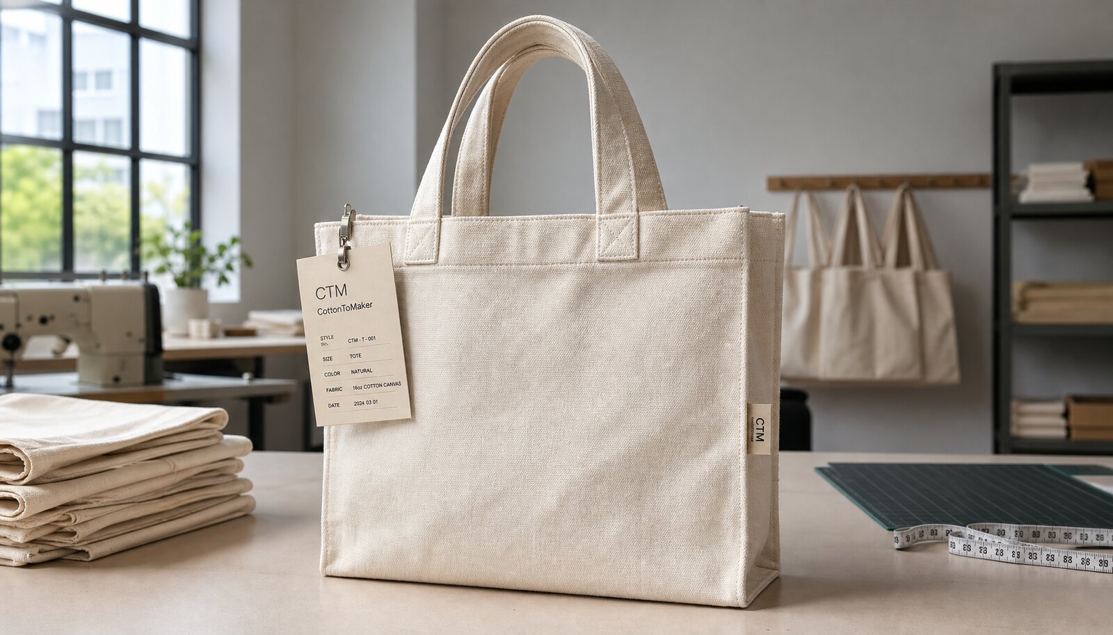 Photorealistic canvas retail merchandise bag sample with a small CTM woven side label in a factory sample room