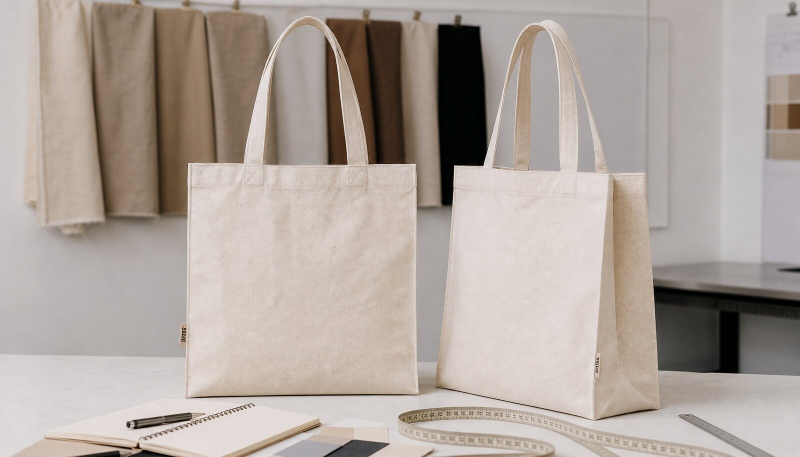 Natural canvas tote bags with a small CTM / CottonToMaker sample logo in a clean factory sample room.