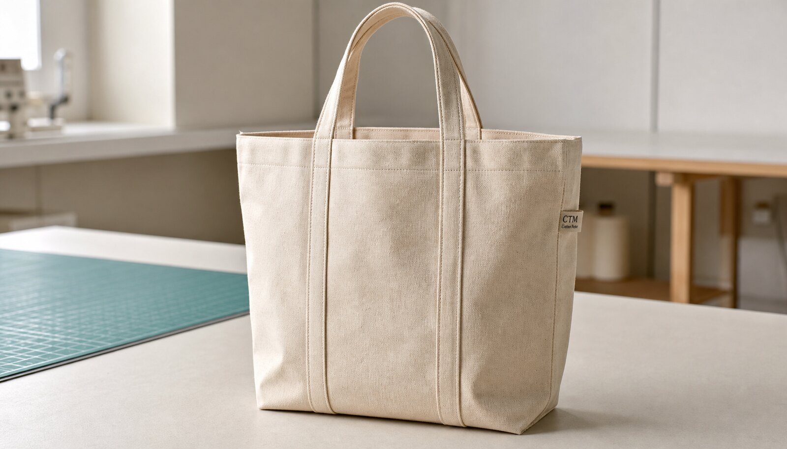 Canvas retail merchandise tote bag with CTM sample logo in a factory sample room