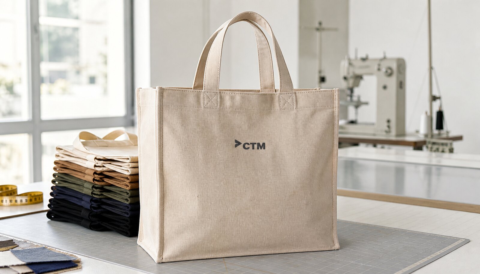 Canvas shopping bags with a small CTM logo printed directly on the front in a factory sample room