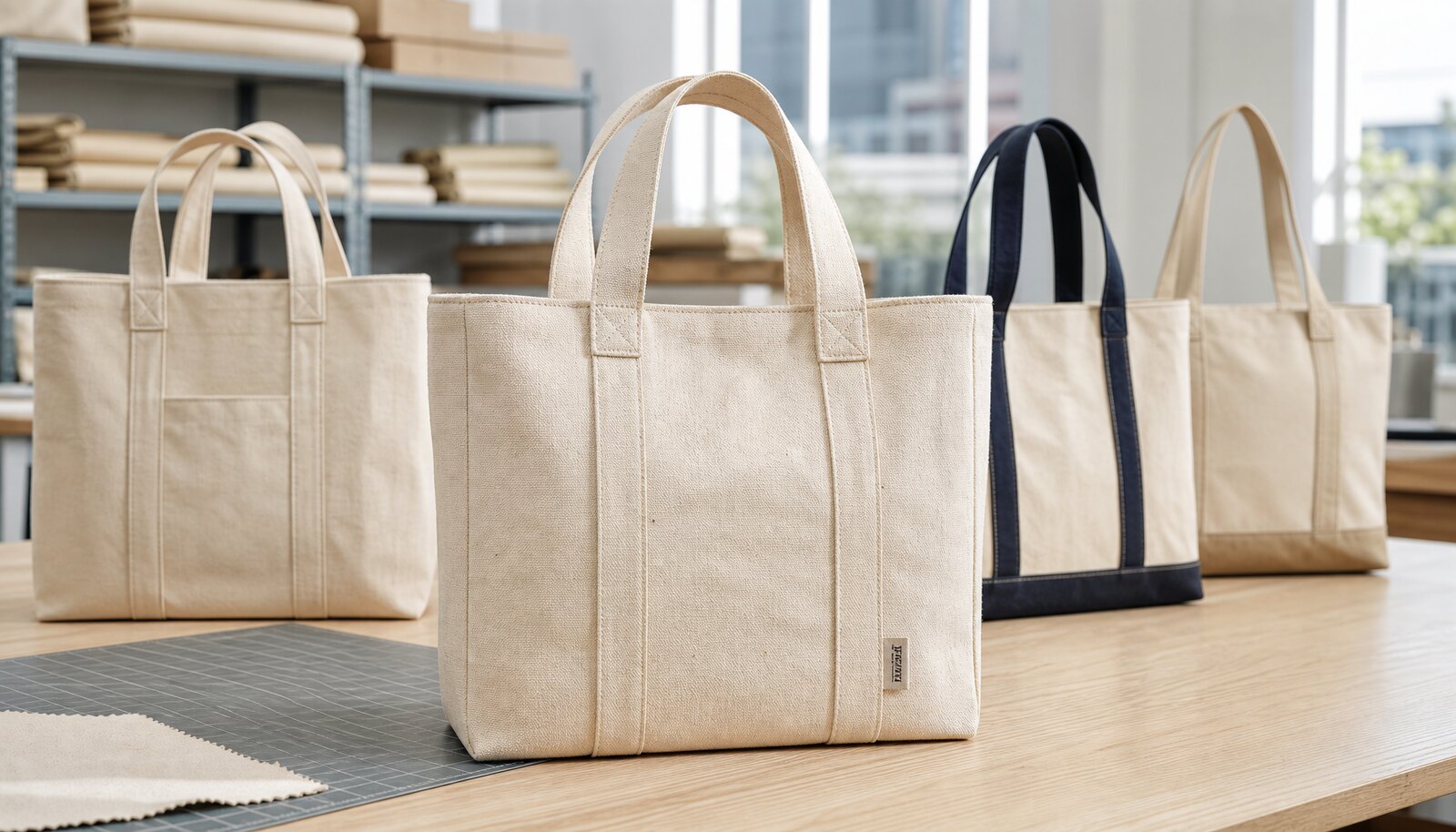Photorealistic canvas shopping bags with a CTM sample logo in a clean factory sample room