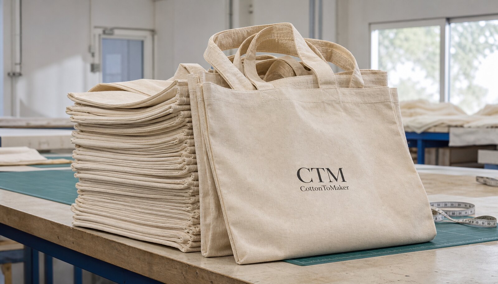 Stack of natural canvas shopping bags with a CTM/CottonToMaker sample logo in a factory sample room