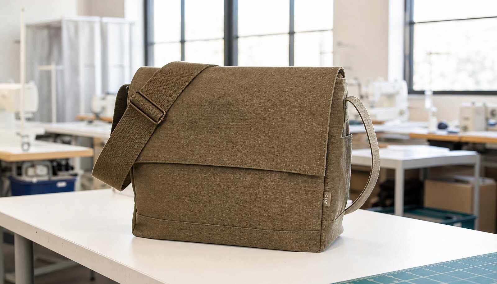 Photorealistic canvas shoulder bag sample with a small CTM logo on a side label in a clean factory sample room