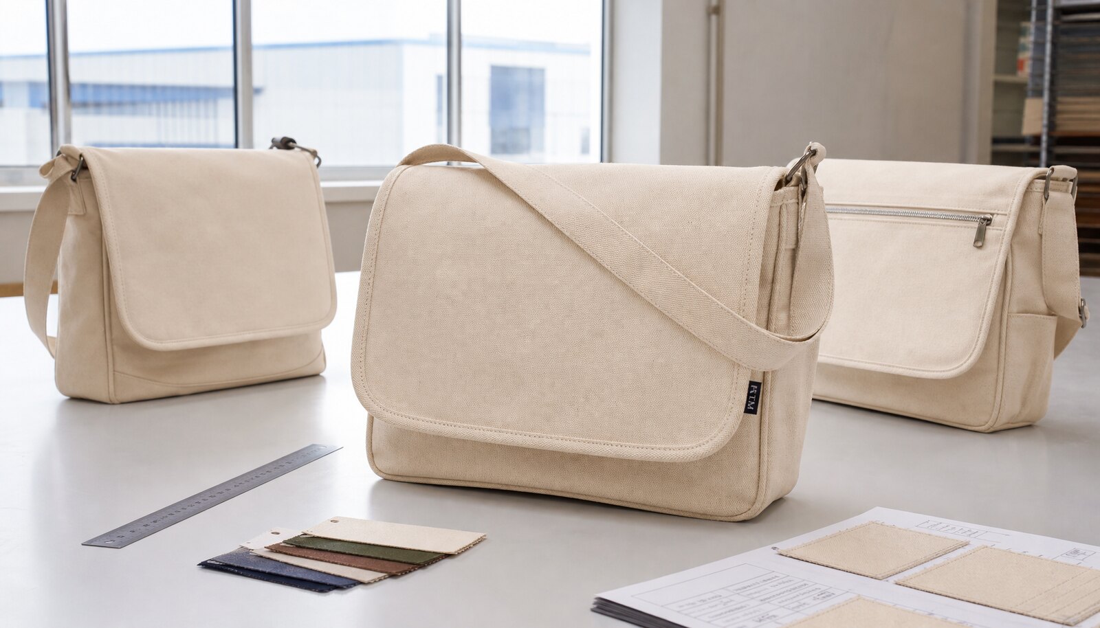 Canvas shoulder bag samples in a factory room with a sewn CTM side label