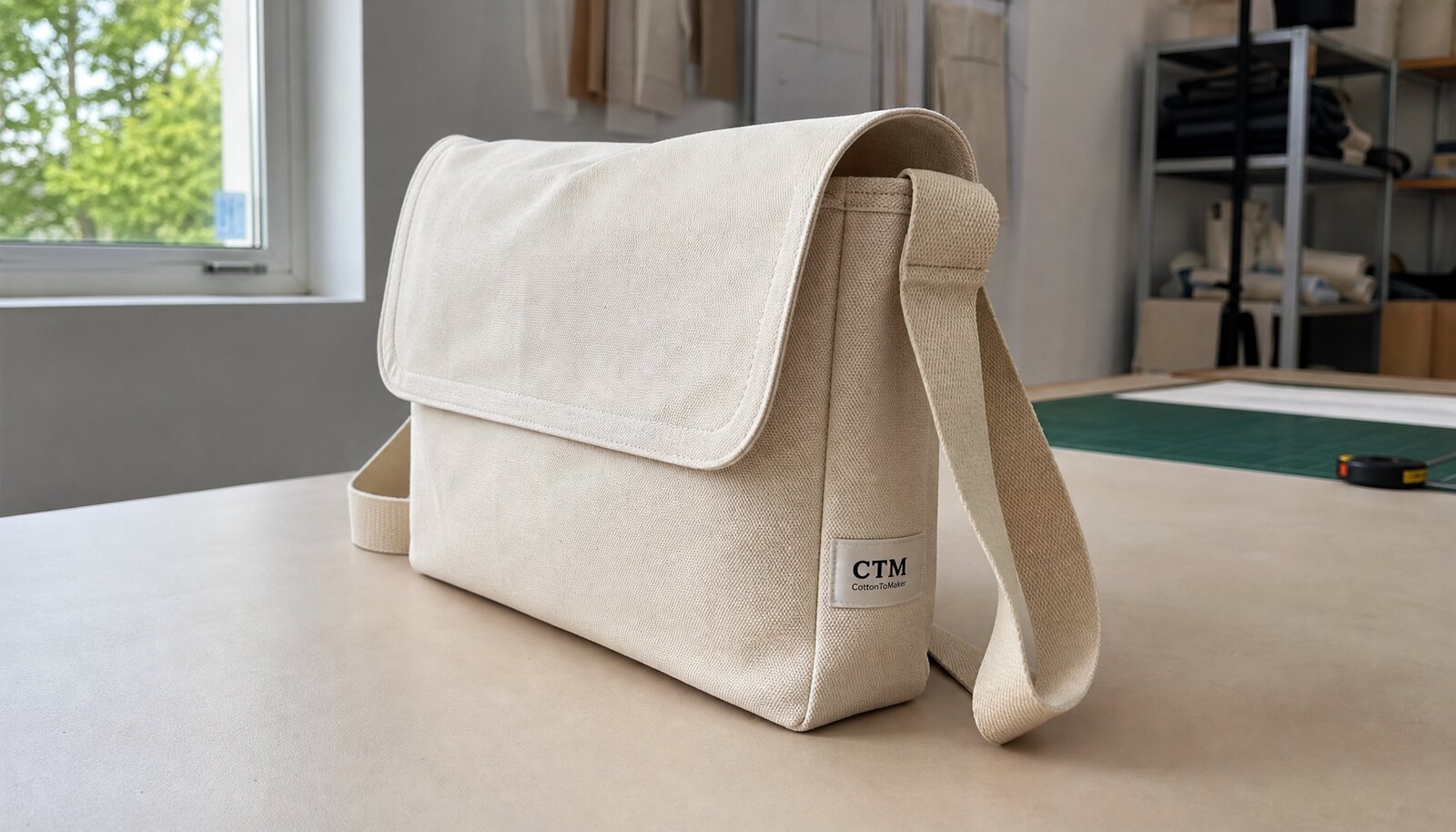 Photorealistic canvas shoulder bag sample with a stitched CTM logo in a factory sample room