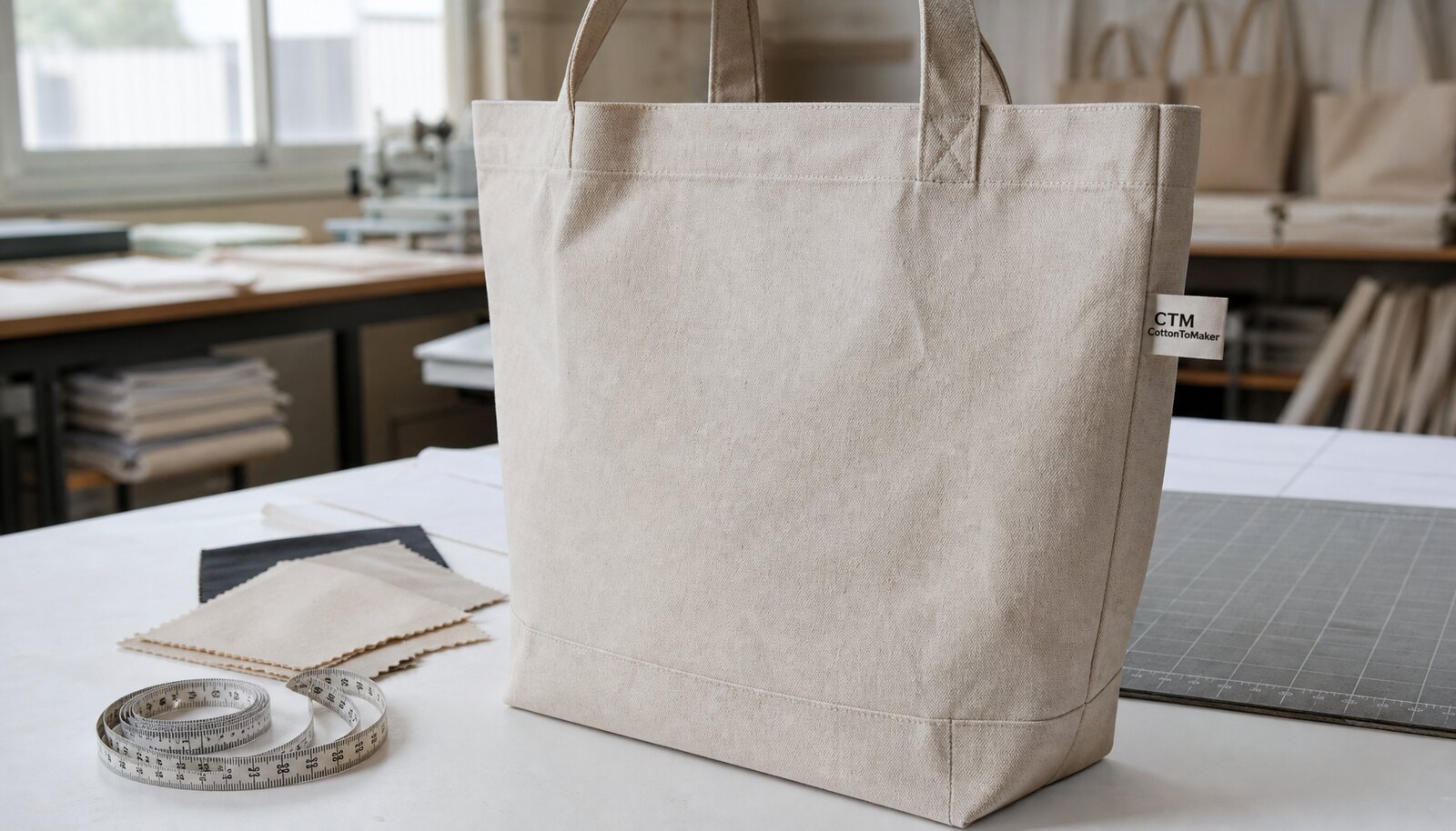 Natural canvas tote bag with a stitched CTM CottonToMaker side label and a visible bottom gusset in a factory sample room