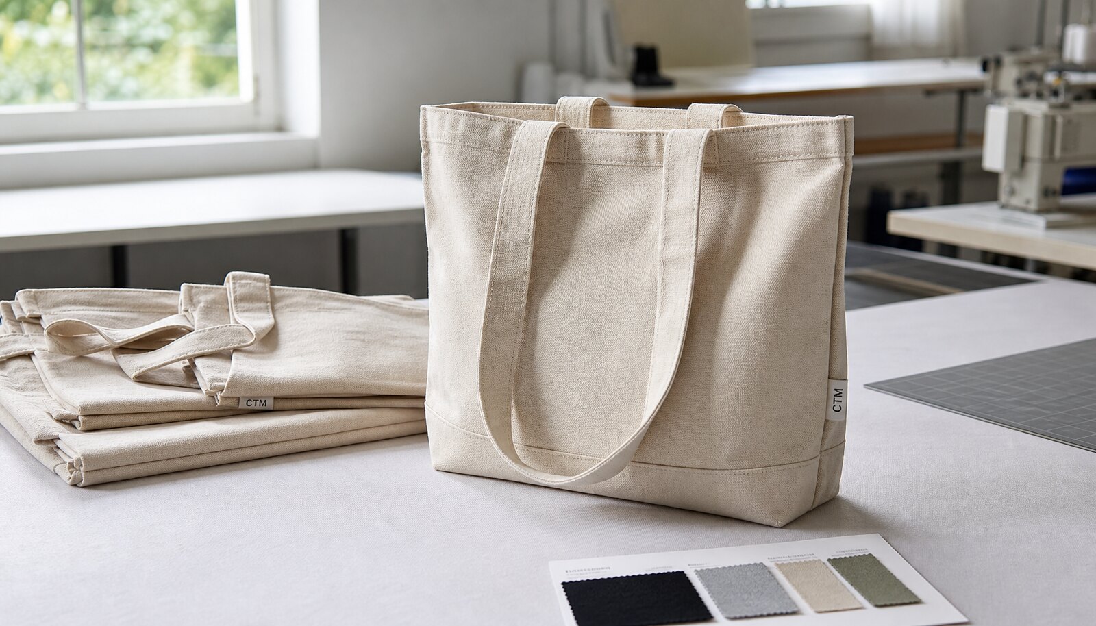 Canvas tote bag samples with a simple CTM logo printed on the bag in a factory sample room
