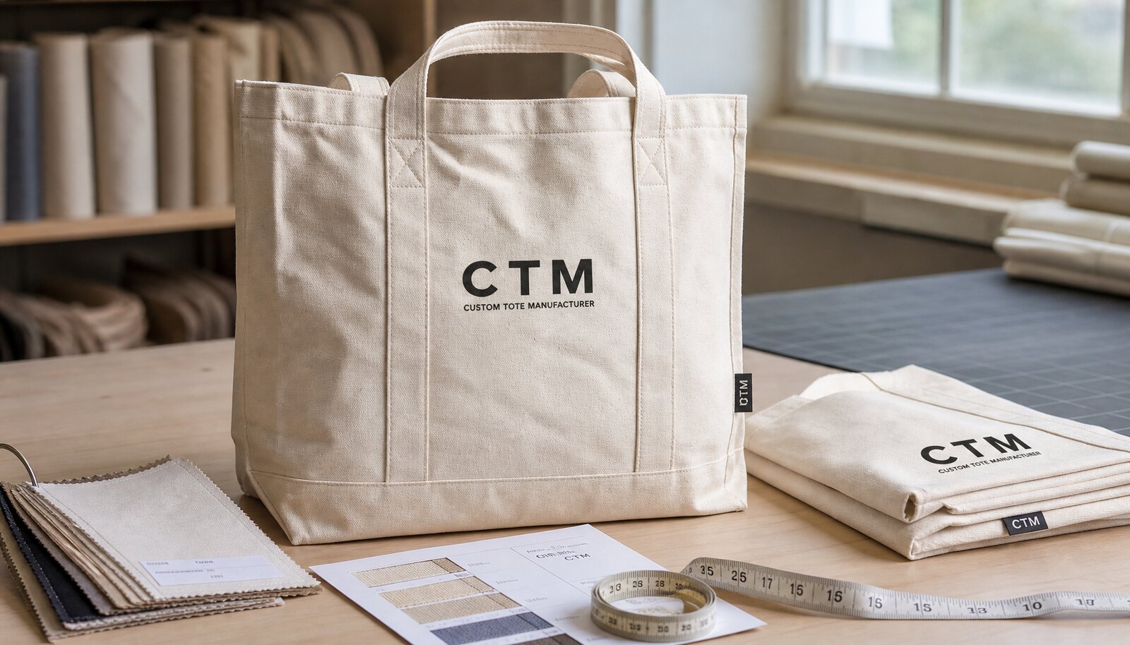 Natural canvas tote bag with CTM sample logo on a factory sample table for quality inspection