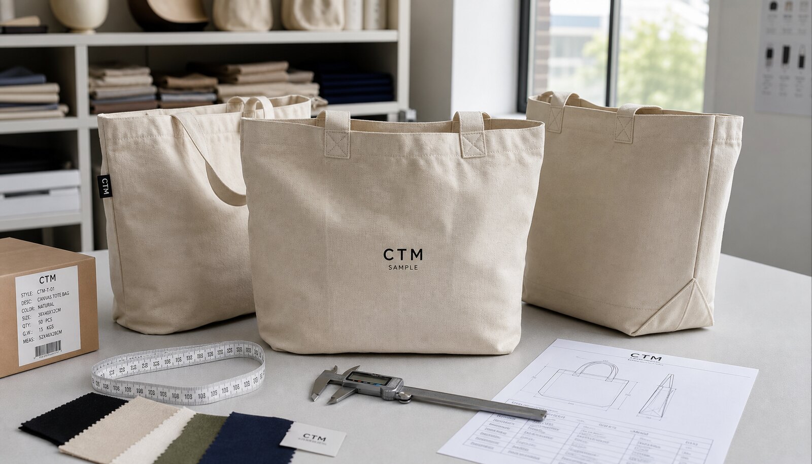 Canvas tote bag samples in a factory sample room with fabric swatches, measuring tape, spec sheet, and reinforced stitching details visible