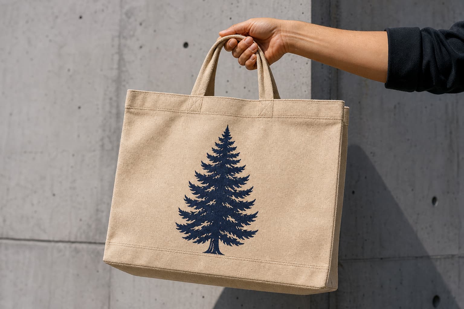 Natural canvas tote bag with a small CTM woven side label in a clean sample room