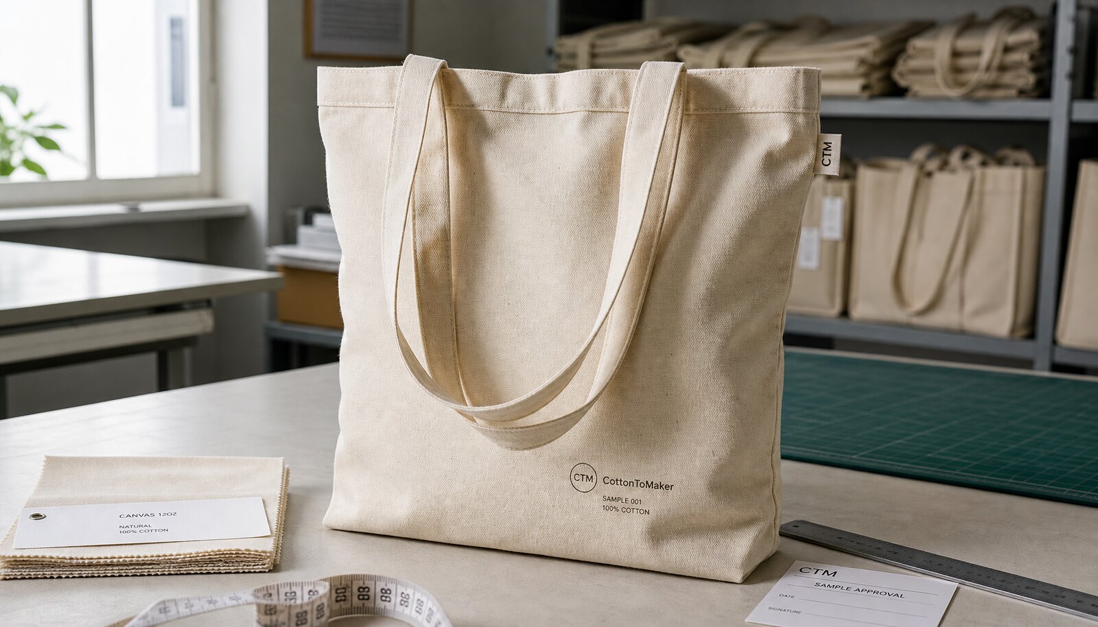 Canvas tote bag sample with a printed CTM CottonToMaker logo in a factory sample room