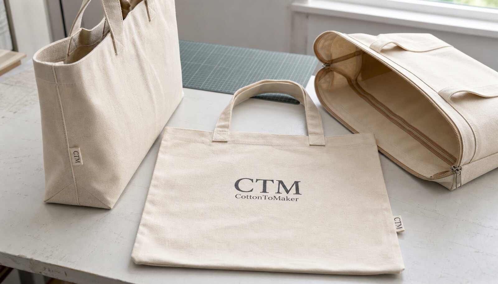 Photorealistic canvas tote bag samples in a factory sample room with a simple CTM logo printed on one bag and a sewn side label on another.