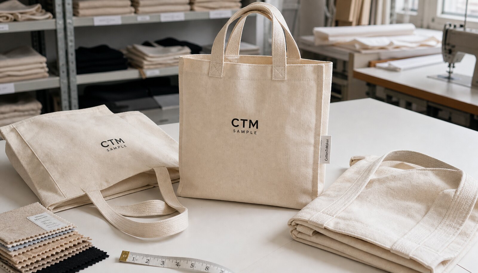 CottonToMaker canvas tote bag samples with CTM logo showing different canvas weights and handle constructions